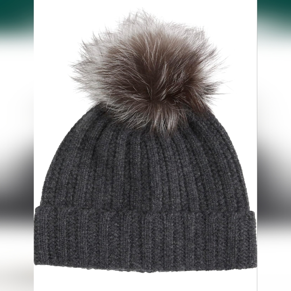 Amicale 100% Real Cashmere beanie Hat w/ Genuine Fox Fur PomPom - charcoal grey